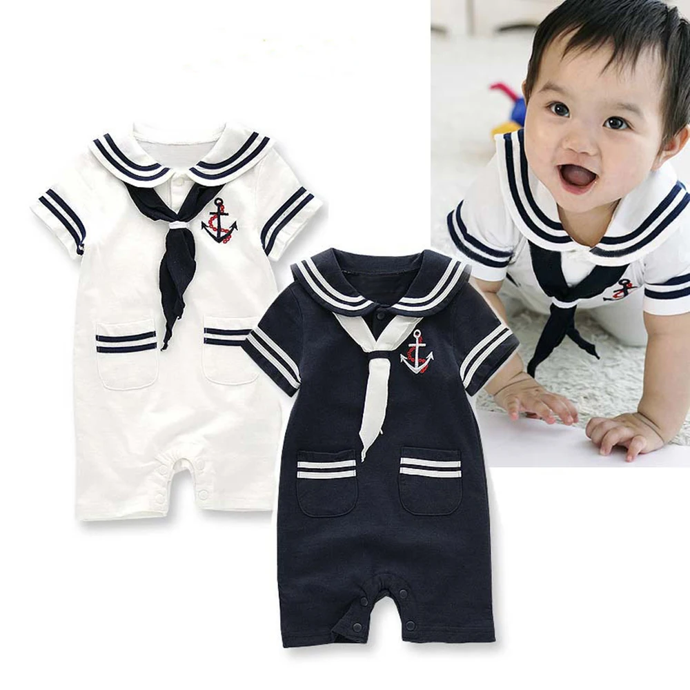 Infant Sailor Suit Baby Sailor Romper For Baby Boy Clothes Summer Marine Navy White Blue Tie Jumpsuit 24M Baby Outfit