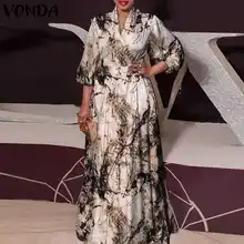 

Autumn Maxi Dress VONDA Women Sexy V Neck 3/4 Sleeve Printed Dress Ladies Lantern Sleeve Printed Bohemian Vestidos Oversized