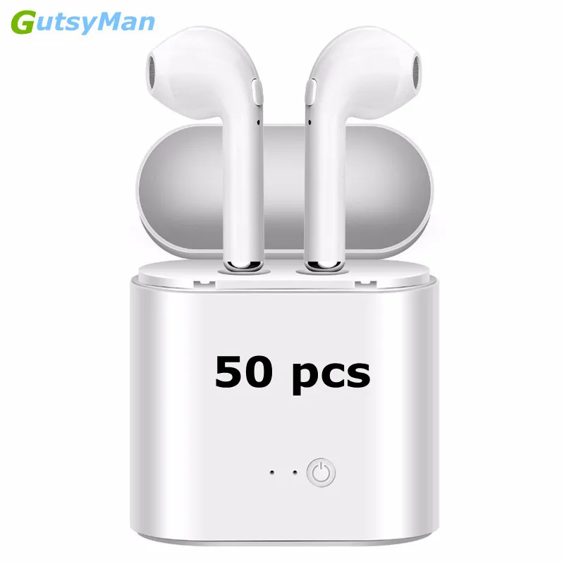 

GutsyMan Wholesale 50 pcs i7s TWS Mini Wireless Bluetooth Earphones Stereo Earbuds Headsets With Charging Box retail package
