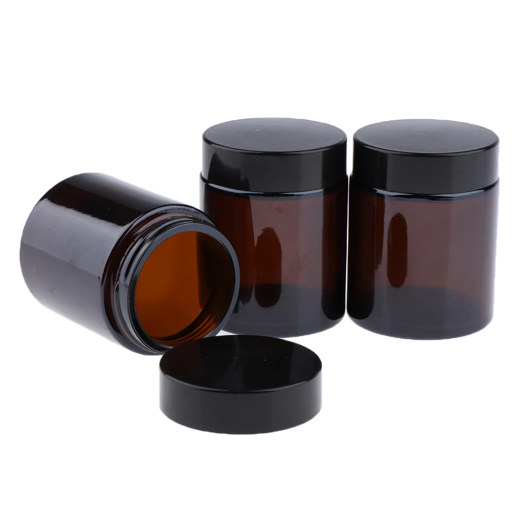 6Pcs Brown Glass Refillable Cosmetic Jars Empty Face Cream Lip Balm Storage Container Pot Bottle with Black Lids (100ml)