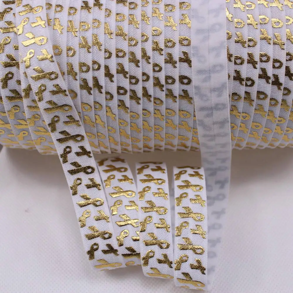 

Handmade Elastic Ribbon for Hair Tie, Gold Foil, Breast Cancer Awareness, Printed 029 White FOE Fold Over, 100Yards, 5/8"