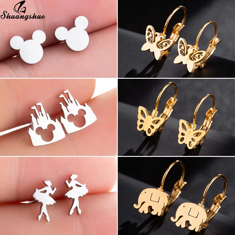 Shuangshuo, панк, нержавеющая сталь, Микки, Бабочка, серьги для женщин, золотые, Мультяшные животные, серьги-гвоздики, детские ювелирные изделия, пирсинг для ушей