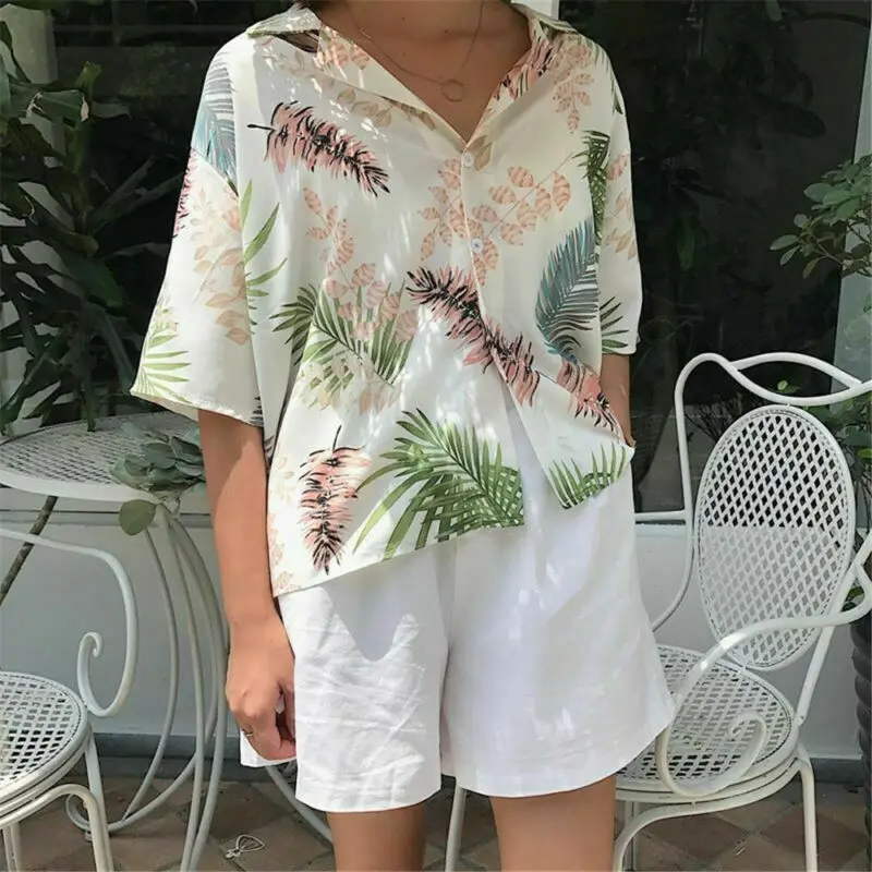 Hot Sale New Chiffon Womens Casual Blouses Top Female Hawaiian Fashion Floral Short Sleeve Shirts Ladies Summer Loose Tops