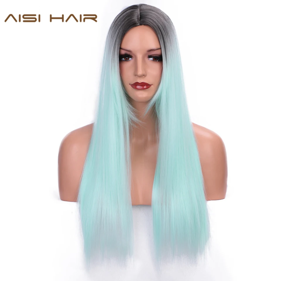 

AISI HAIR Ombre Green Straight Long Synthetic Wigs For Black Women 24 Inch Middle Part Two Tone Wig Can Be Cosplay Party Wigs