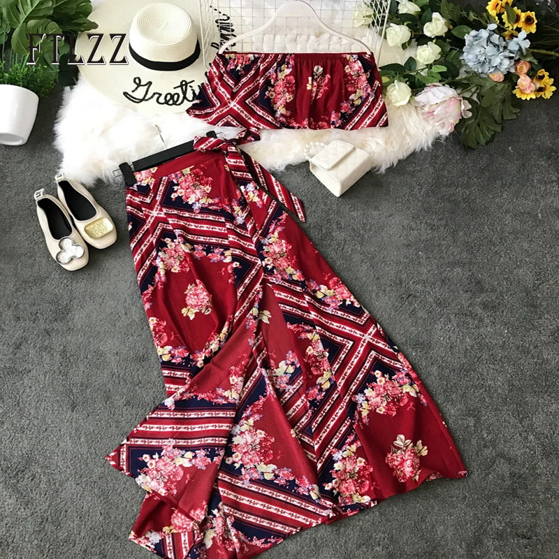 Women Vintage Two Piece Sets New 2020 Summer Off The Shoulder Ctop Tops + Bandage Long Skirts Woman Beach Clothes Red Outfit | Женская