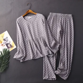 

Spring Summer Women's Cotton Washed Texture Crepe Gauze Long-sleeved Trousers Pajamas Home Wear Suit Conjunto Pijama Mujer