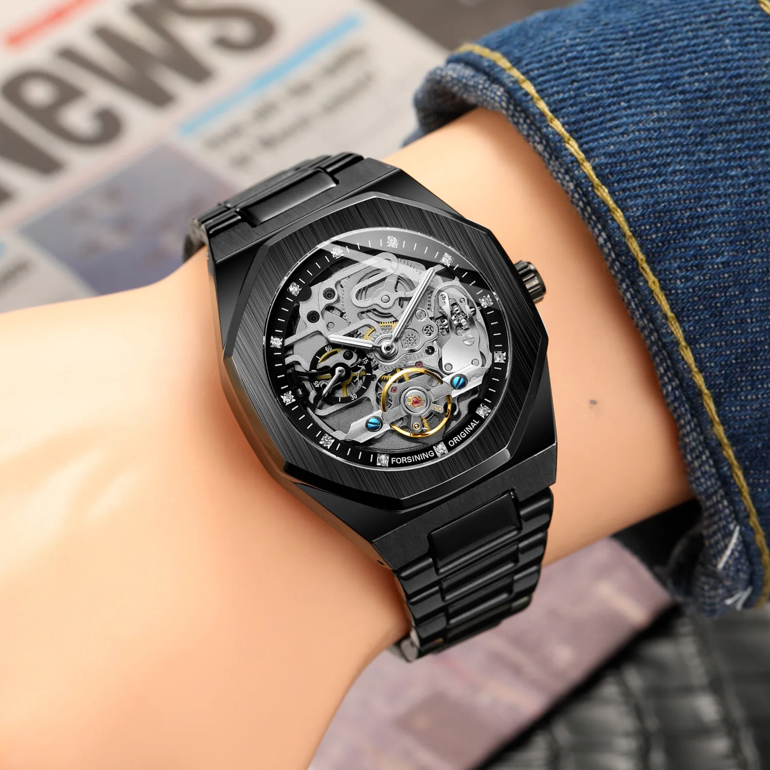 2021 Forsining Top Brand Luxury Automatic Mechanical Watch Luminous Three Eyes Six Needles Skeleton Male Wrist Watch Wrist Clock