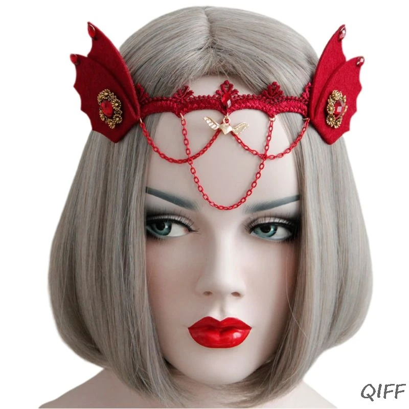 

Women Girl Red Devil Ear Head Band Chain Pendant Elastic Hair Hoop Cosplay Decor