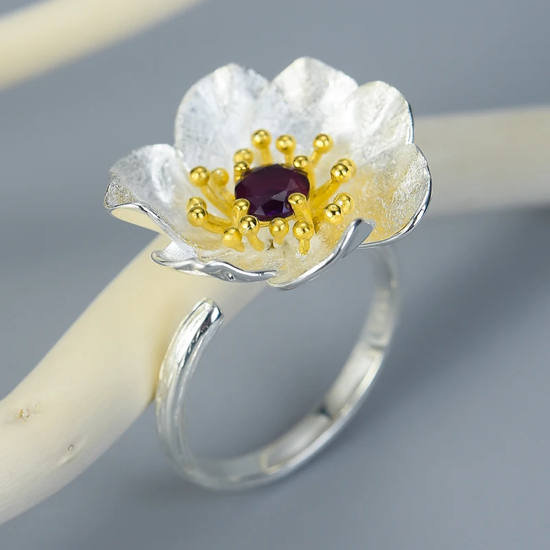 Lotus Fun Moment Настоящее серебро 925 проба Натуральный камень ручной работы дизайнерские Изящные Ювелирные изделия цветущие Anemone цветочные кольца для женщин