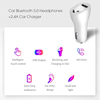 

USB Car Charger Adapter 2.4A 2 in 1 Bluetooth 5.0 Earphone Headset In-Ear Earbuds Handsfree with Mic For iphone Samsung Huawei