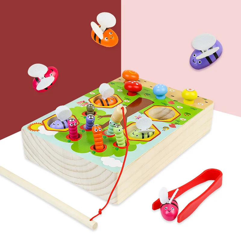Kids 3-in-1 Multifunctional Wooden Educational Toys Baby Fishing Clip Bee Mushroom Picking Training Game Early Education | Игрушки и