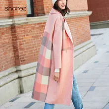 Новое длинное розовое шерстяное пальто женское зимнее клетчатое Смешанное женское шерстяная Женская куртка модное осеннее пальто леди