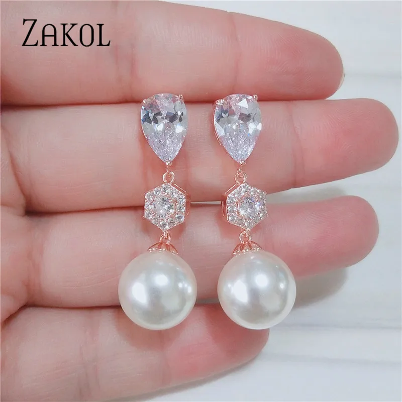 ZAKOL изысканный фианит искусственный жемчуг Простые Модные серьги для женщин свадебный ужин подарок на день рождения ювелирные изделия FSEP2389