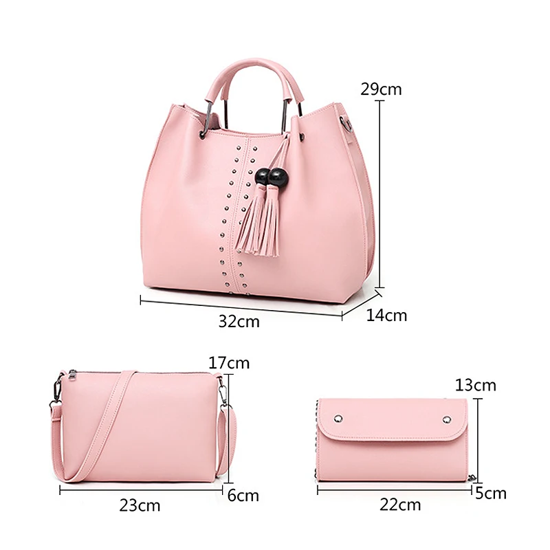 Tassel Handbag For Women Pu Leather Shoulder Bag Tote Satchel 3 Pcs Purse With Zipper Rivet
