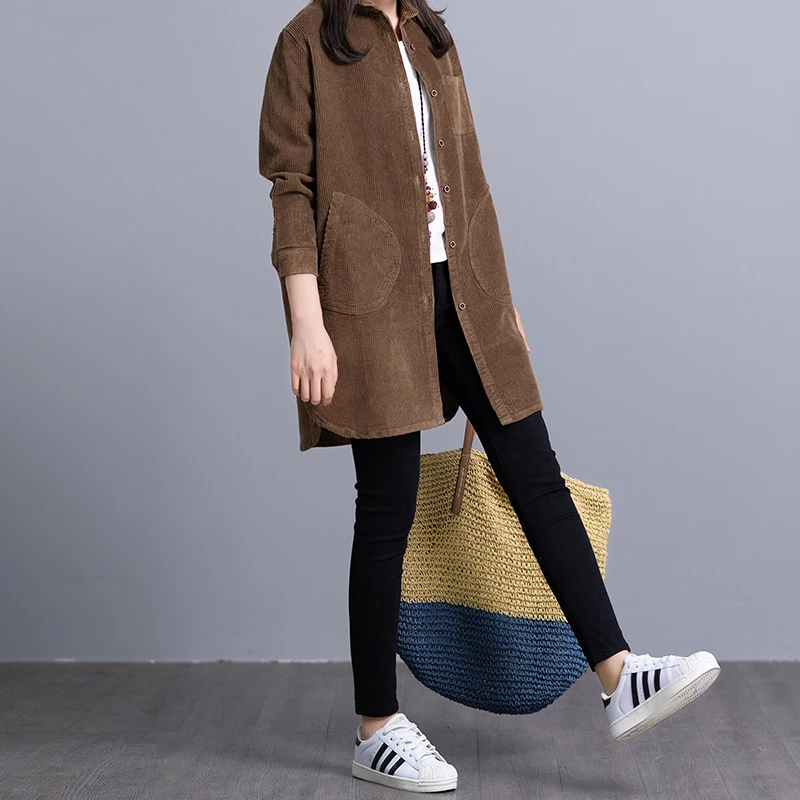  New Casual Women Shirts Loose Corduroy Long Age Nine Points Reduction Sleeve In Literature And Art 