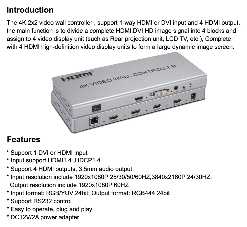 2X2 4K видео Сращивание настенный контроллер 1 HDMI DVI в 4 HDMI выход тв процессор 8 режимов 2x2 1x2 1x4 дисплей Видео Конвертер RS232