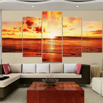 

NEW 5 Panels Sunsets Natural Sea Beach Landscape Posters and Prints Canvas Painting Wall Art Picture for Living Room Unframed