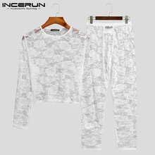 

Men Pajamas Sets Lace See Through Fitness O-neck Long Sleeve Tops & Long Pants Two Pieces 2021 Sexy Mens Pyjamas Suits INCERUN
