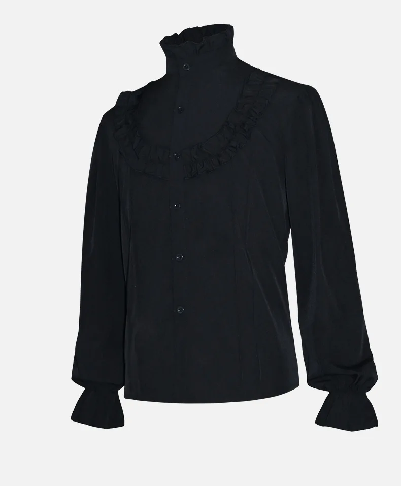 White Ruffles Stand Collar Lantern Sleeve Victorian Style Medieval Shirt Gothic Clothes Men Vintage Top Banquet Party Daily Wear
