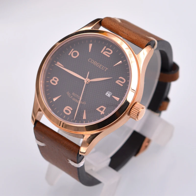 

42mm Corgeut Sapphire Crystal Black Dial auto date Automatic Leather Mens Watch.