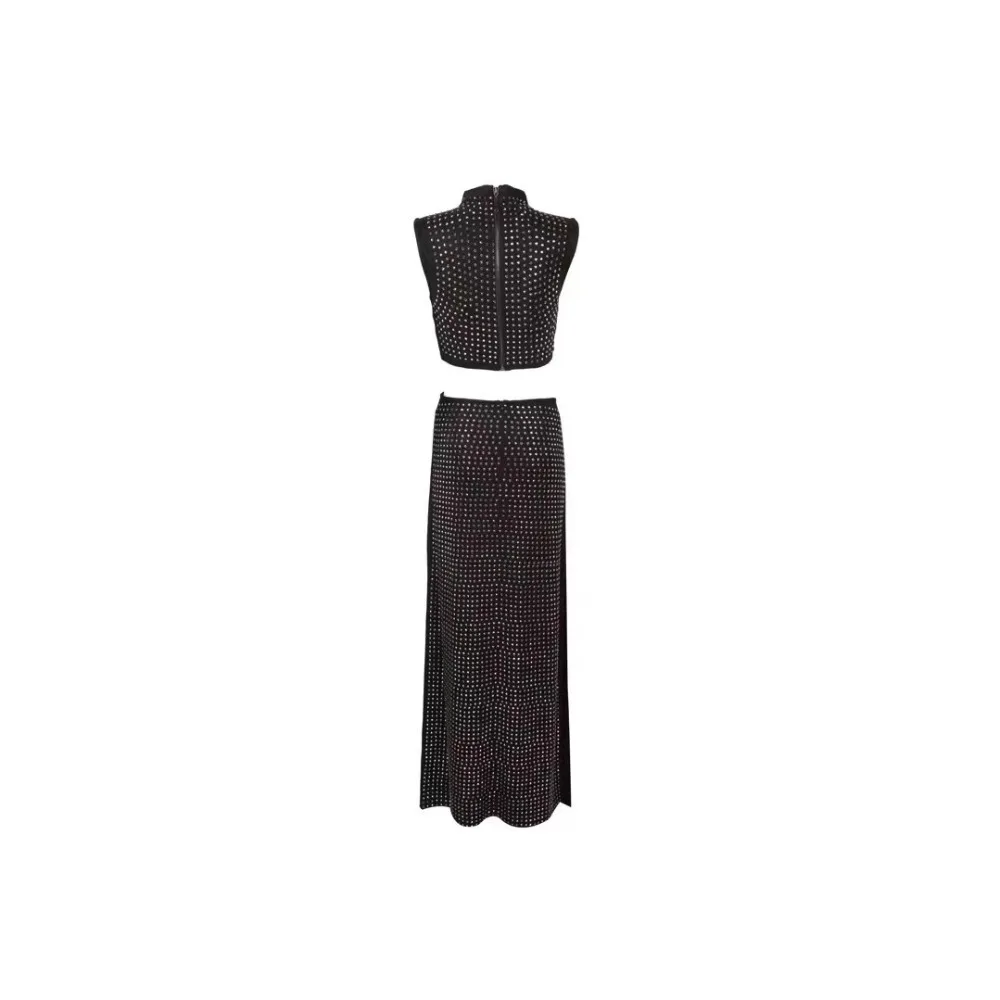 Sexy Fashion Black Beading 2 Two Pieces Zipper Long Maxi Dress High Split Celebrity Party Vestidos Suede Fabric Dresses