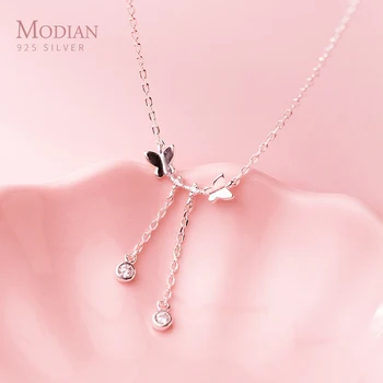 

Modian Double Clear Swing CZ Butterfly Insect Classic Necklace Pendants For Women Real 925 Sterling Silver Fine Jewelry Bijoux