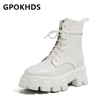 

GPOKHDS 2021 women Ankle boots Cow leather Winter short plush Round Toe Lace-Up Platform High heels female Riding boots size 40