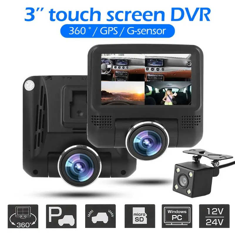 

Car DVR Camera 360 Rotatable Fisheye Lens 3 inch Touch Screen GPS Logger G-sensor Dash Cam with Rear View Camera 9x9x3cm