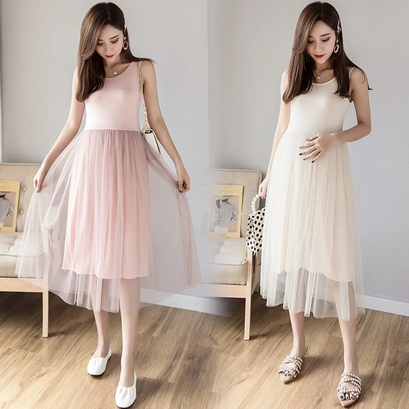

Spring and summer new modal pregnant women vest skirt fake two pieces of mesh pregnancy cotton long skirt