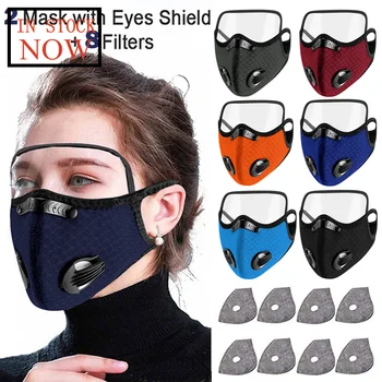 

Adults 2 Masks + 8 Filters Unisex Outdoor Breathing Valves Face Mask With Eyes Shield face shield Masque Face Mask Mascarillas