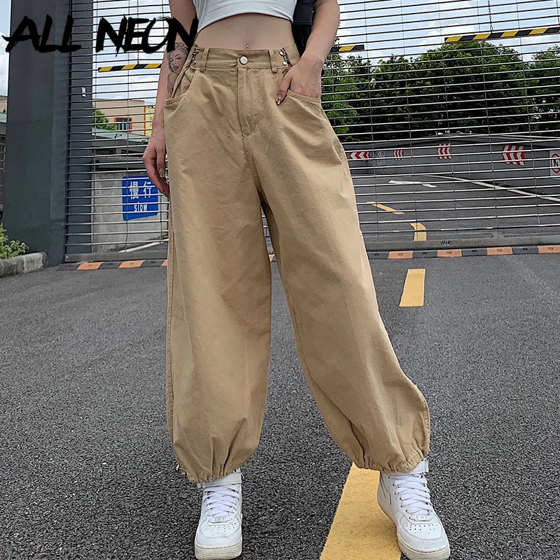 ALLNeon Y2K Fashion Khaki Oversized Cargo Pants Hip Hop Style Loosed Adjustable Waist Drawstring Long Pant Streetwear 90s Autumn
