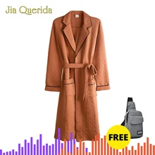 Мужские халаты, домашний хлопковый Халат с отворотом, роскошный халат размера плюс, хаки, с поясом, домашний халат с длинным рукавом, ночная рубашка, хлопковое кимоно