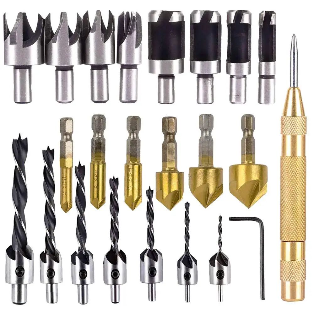 23-Pack Woodworking Chamfer Drilling Tool Countersink Drill Bits  Wood Plug cutter and Automatic
