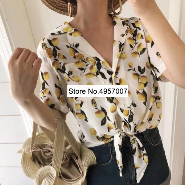 Women Lemon Printed Blouse Top With Short Sleeve & Ties Hem - Ladies Lemon Printing Shirt Top 4