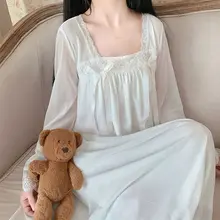 Fairy Mesh Night Dress Women Lolita Nightie White Long Lace Peignoir Victorian Vintage Nightgowns Kawaii Girl Princess Sleepwear
