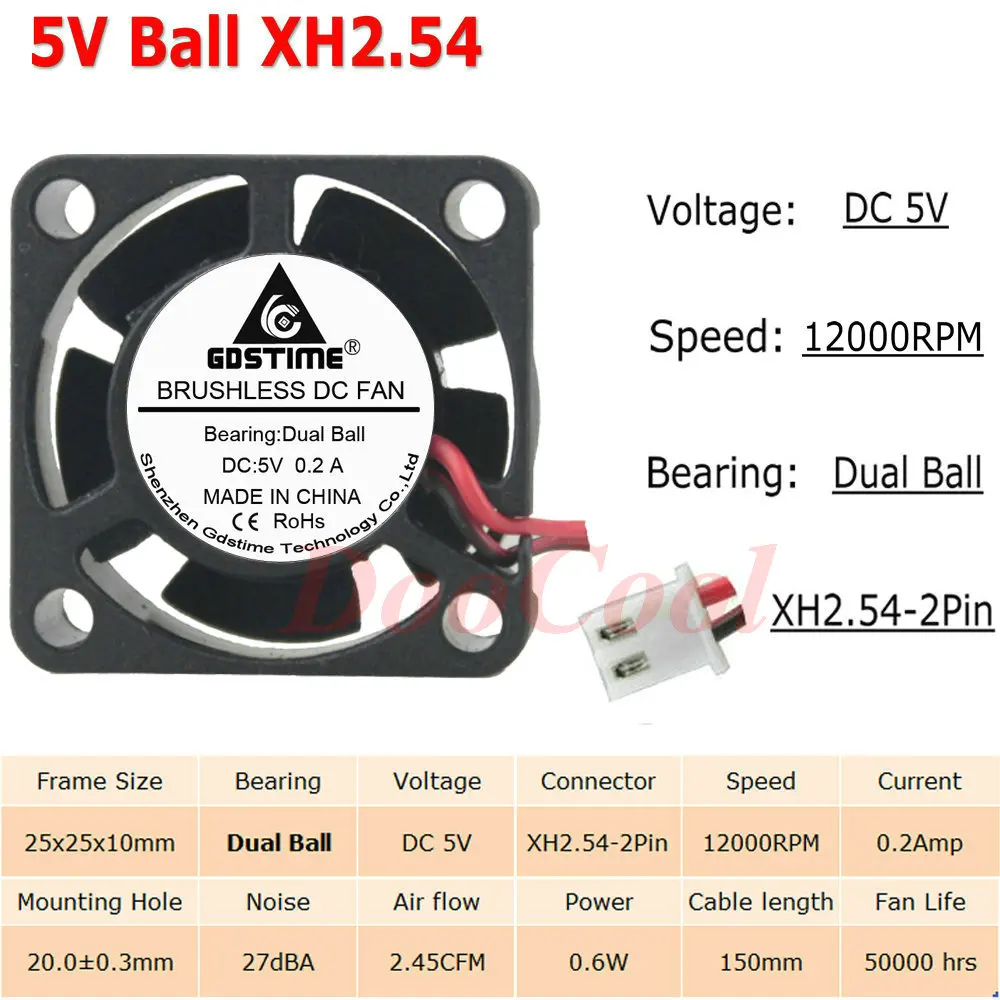 5 шт. Gdstime с фокусным расстоянием 25 мм 25x25x10 мм 2Pin JST Dupont 5 В, 12 В, 24 В постоянного тока, 2510 рукав Шаровая Опора радиатора мини Бесщеточный Охлаждающий вентилятор Cooler - Цвет лезвия: 5V Ball XH2.54