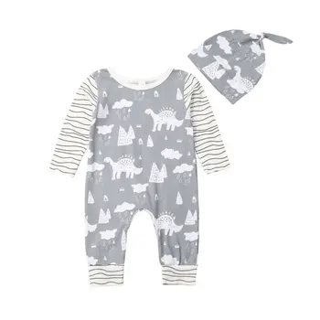 

Emmababy Newborn Infant Baby Boys Girls Autumn Long Sleeve Striped Patchwork Dinosaur Romper Jumpsuit+Hat Clothes