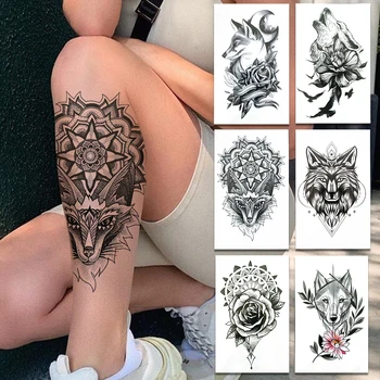 

Mandala Henna Lion Temporary Tattoos For Women Men Unique Black Wolf Rose Flower Tattoo Sticker Thigh Lace Sweat Pea Fake Tatoos