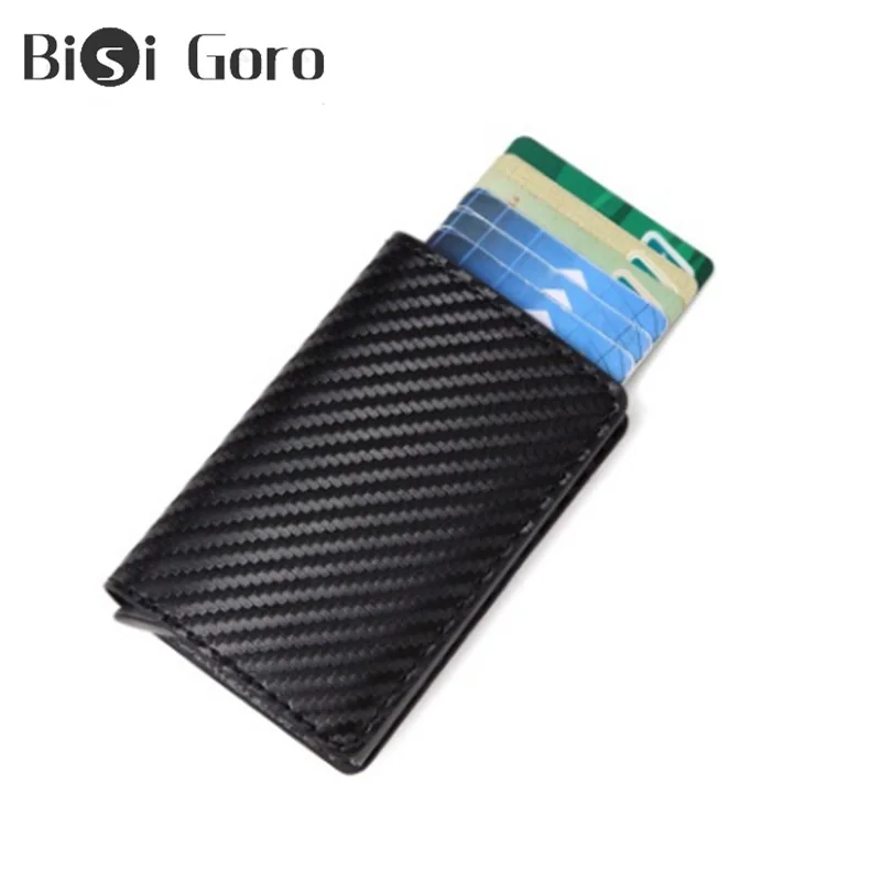 

BISI GORO 2019 Men and Women Vintage Anti-theft RFID Card Holder Automatic Pop Up Carbon Fiber Card Case Single Box Thin ID Case