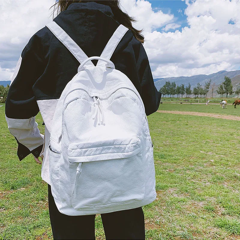 

DALFR Backpack Women Ins Simple Solid Color Leather Backpack Schoolgirl Vintage School Bag Female High Capacity Travel Backpack