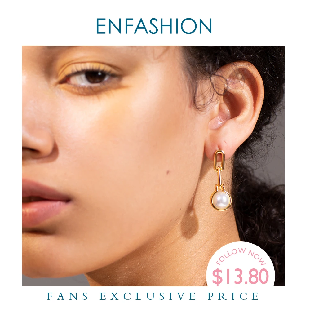 

ENFASHION Link Chain Pearl Drop Earrings For Women Gold Color Geometric Dangle Earings Fashion Jewelry Dropshippping E191142