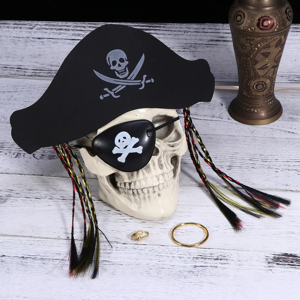 1 ensemble Halloween Pirate déguisement accessoire ensemble fête fournitures avec chapeau masque pour les yeux et anneau semblant jouer jouet chapeau masque pour les yeux anneau chaque 1pc