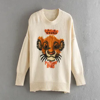 

England elegant women's sweater high street lion embroidery cute oversize sweaters women pull femme chic women pullovers tops