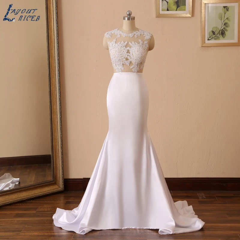 

YQS005 Vestido De Noiva Hot Sale Sexy Mermaid Sleeveless Wedding Dress Fish Style Pearls Satin Cut Out Wedding Gown Custom Made