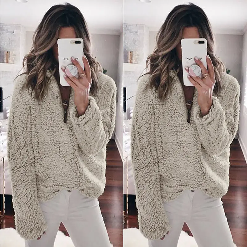 Autumn Winter Women Sweaters Warm Fur Wool Knitted Turtleneck Top Fluffy Crop Pullovers Jumper Zip Up Loose Knitwear Female - Color: As picture show