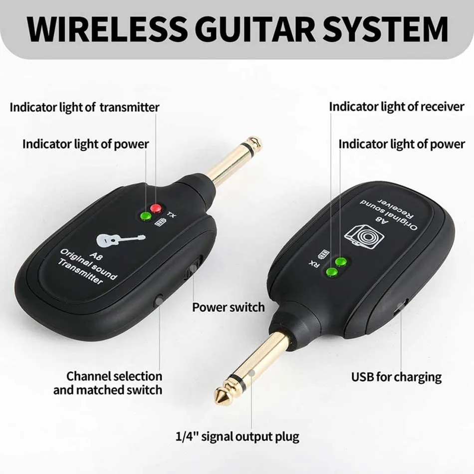 a8, sistema wireless embutido e recarregável, transmissor de guitarra sem fio embutido