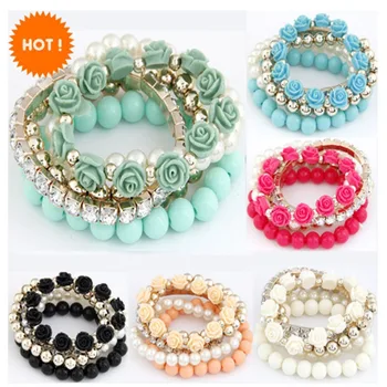 

New arrivals Fashion Candy Color Pearl Bracelets for Women Rose Flower 5 Strip Multilayer Beads Stretch Charm Bracelet