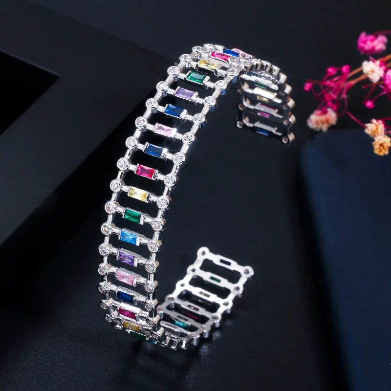 CWWZircons Chic Rainbow Cubic Zirconia Open Cuff 585 Gold Bracelet Bangle for Women Fashion Brand CZ Wedding Party Jewelry BG039
