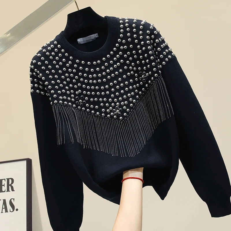 

Large-Size Beaded Sweater Chain Fringe Sweater Women Winter Thick Loose Outer Wear Ins Women's Knitwear Pullover Pull Femme