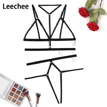 

Leechee Sexy Lingerie Erotic Underwear women Temptation strap hollow Bandage 3 PIC suit elastic Halter transparent Bra&Panty Set